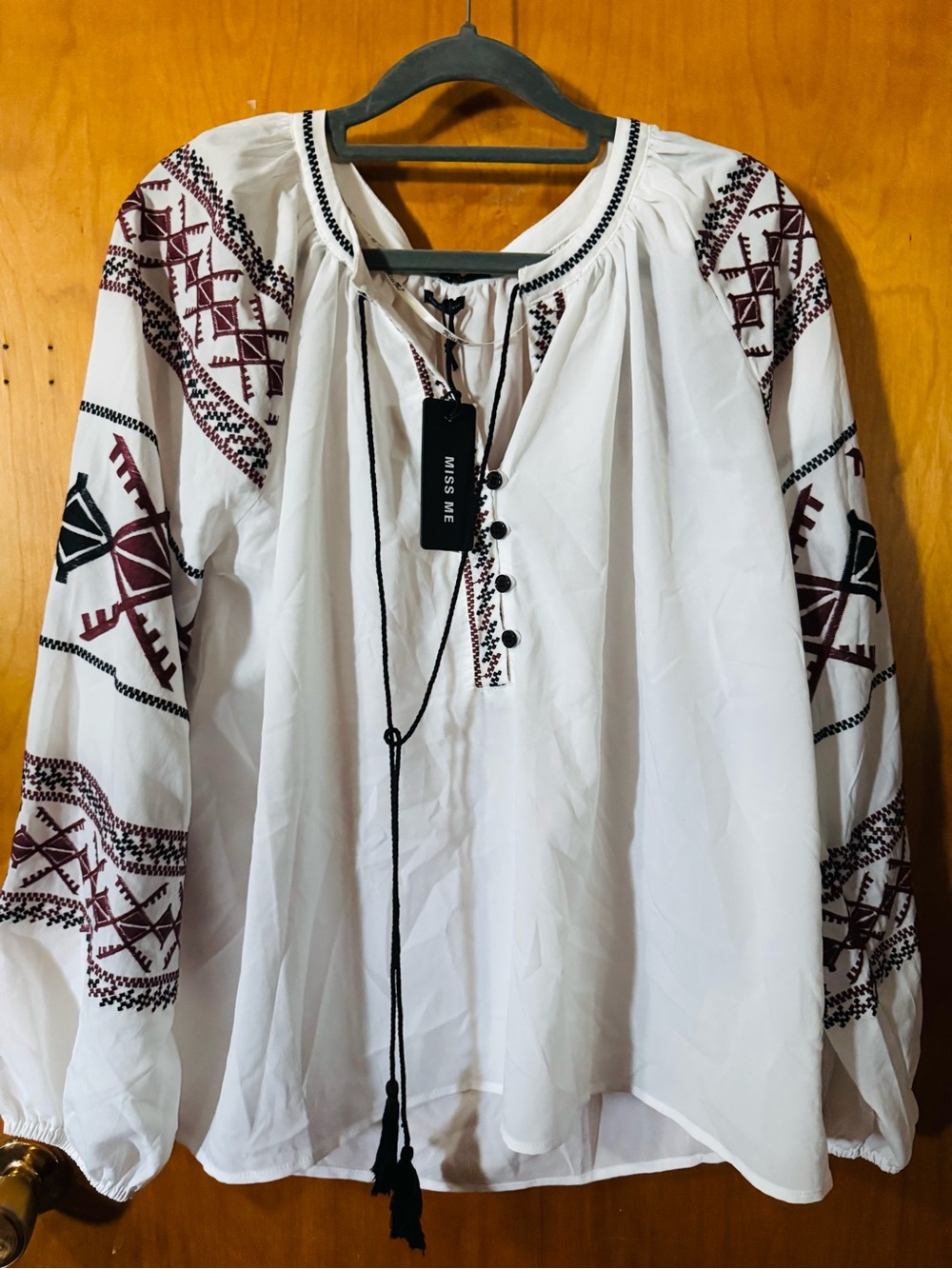 Miss Me White Peasant Tunic with Burgundy Embroidery